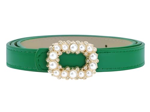 Women's Pearl Buckle Waist PU Leather Belt Skinny Adjustable Dress Pants Waistband for Female Dating Party