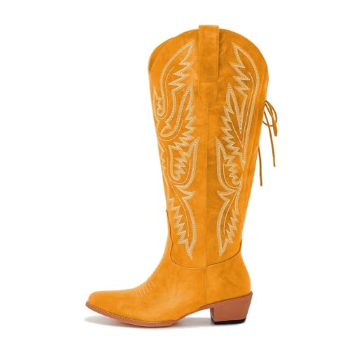 Image of Uillnoodu Wide Calf Cowboy Boots Women Adjustable Lace Up Knee High Tall Plus Size Cowgirl Boots Western Style Comfortable 2-Inch Heel