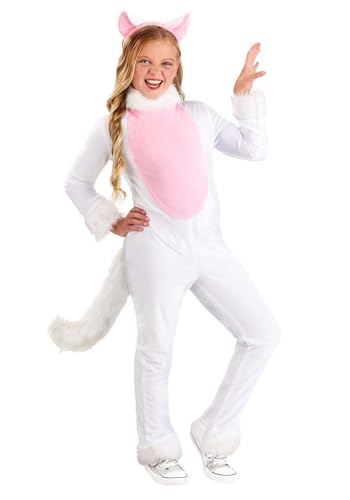 Kids Big Tailed White Cat Costume with Plush Jumpsuit & Headband for Halloween & Dress-Up Play Large