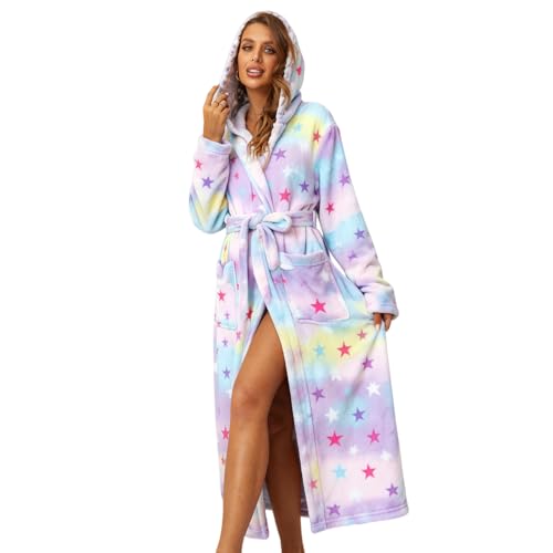 RONGTAI Albornoz largo de felpa para mujer, grueso, con capucha, con bolsillos, ropa de dormir suave para hombres, diseño de estrellas, XXL
