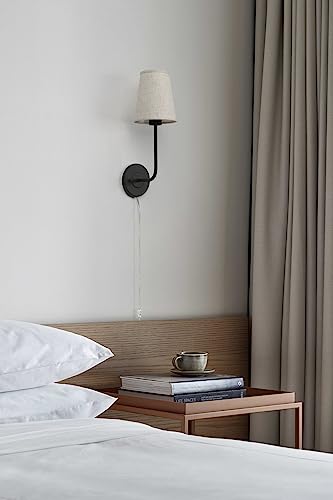 Image of Pathson Set of 2 Plug in Fabric Wall Sconce Linen Cloth Shade, 1-Light Vintage Wall Light Fixture for Living Room Bedroom