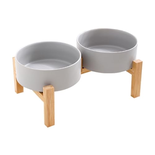 Set di ciotole per cani in ceramica rialzata con supporto in legno stabile Design antiscivolo Doppia ciotola per acqua alimentare stazione di alimentazione per animali domestici in ceramica rialzata