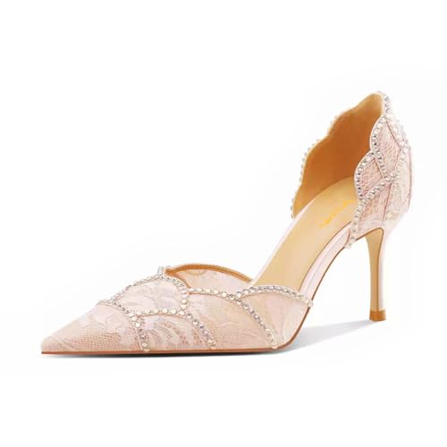 XYD Women Crystal Studs Wedding Pumps Closed Pointed Toe Petal Curve Slip On Mid Heel D'Orsay Elegant Bridal Shoes