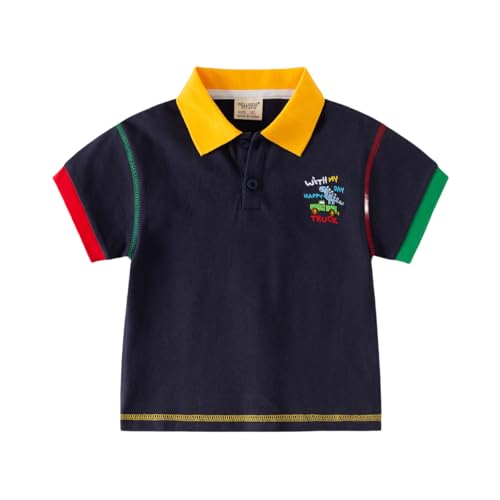 Image of Toddler Baby Boys Color Block Short Sleeve Tops Cute Dinosaur Embroidered Button Polo Shirt (Navy,18 Months)