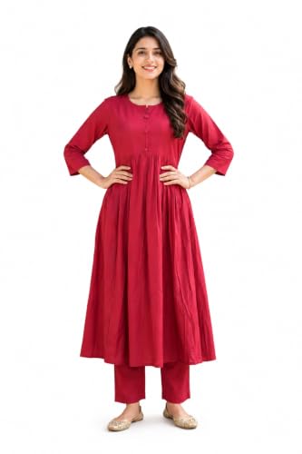 Image of ANILINE Women's V-Neck, Button Front, three-quarter sleeves, Anarkali shape, Empire Waist, Pleated Design Kurta With Pant