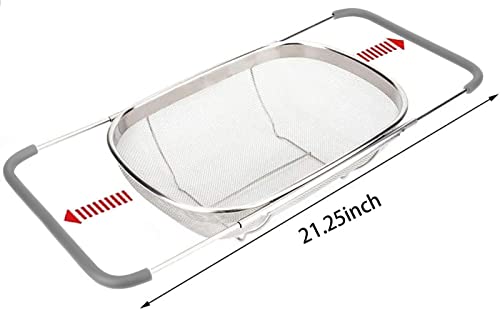 Ajioda Over The Sink Colander, 6 Quarts Stainless Steel Oval Colander With Expandable Rubber Grip Handle, Fine Mesh Strainer Baskets Kitchen Colander For Strain, Drain, Rinse Vegetables, Fruits, Grey #TOP1