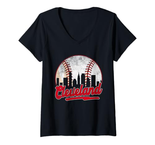 Womens Cleveland Cityscape Baseball Lover Player and Fans V-Neck T-Shirt