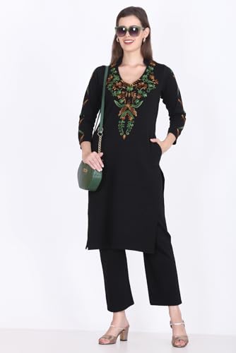 Image of Rosary Women's Woolen Winter Embroidered Kurta with Palazzo Pant | Warm Ethnic Suit Set - 2 Piece Outfit