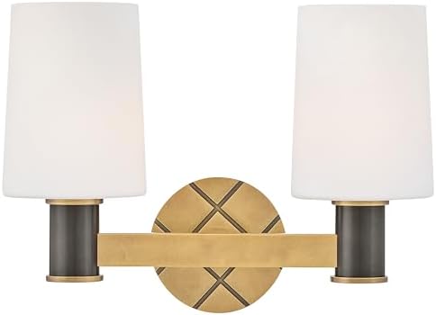Hinkley Declan Small Two Light Bath Vanity, Etched Opal Glass Tapered Shades, Install Up/Down, Crosshatch Motif, Heritage Brass with Black Oxide Accent