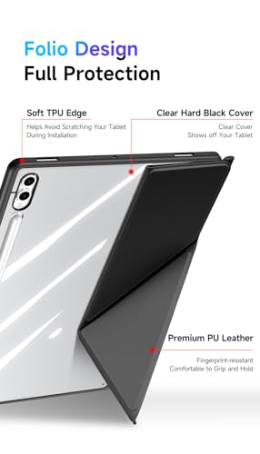 Image of INICIO Hybrid Smart Folio Case for Samsung Galaxy Tab S10 Ultra / S9 Ultra / S8 Ultra 14.6 inch, Detachable Front Cover, Trifold Multi Angle Stand, S Pen Holder, Auto Wake /Sleep, PU+PC+TPU, Black