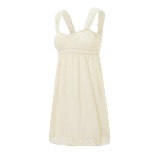 Image of Women Square Neck Mini Dress Summer Sleeveless Floral Embroidery Frill Hem A-line Dress