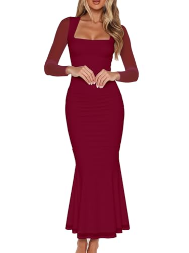 BORIFLORS Women's Ruched Bodycon Long Sleeve Maxi Dress Mesh Square Neck Cocktail Party Long Dresses, Medium, Wine Red