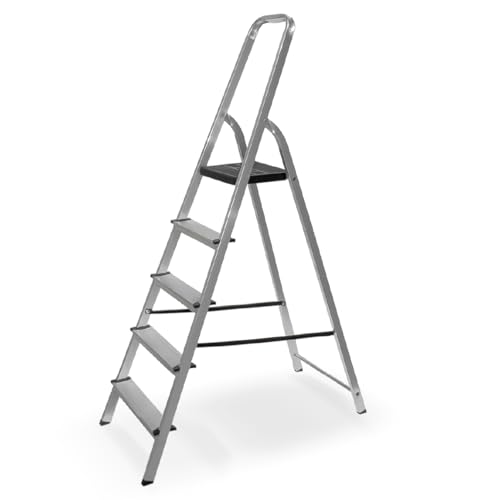 Escalera de Aluminio Plegable, 5 Peldaños, Altura 179 cm Total, con Barandilla Superior, Plataforma de Apoyo, Peldaños y Pies Antideslizante, para Uso Doméstico
