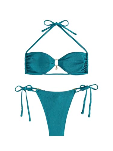 SweatyRocks Women's 2 Piece Bikini Set Tie Back Halter Strap Cutout Backless Swimsuit High Waist Bikini Sets2