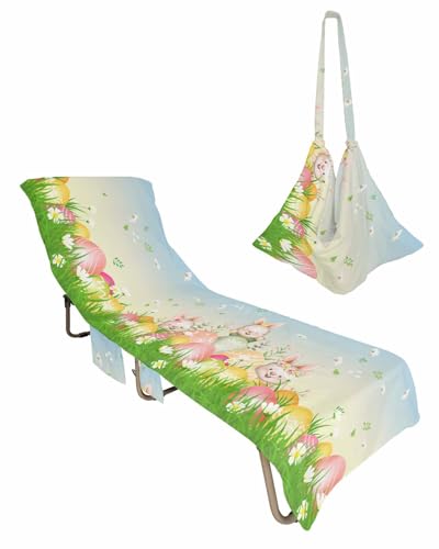 Spring Easter Beach Lounge Chair Towel Cover, Soft Chaise Lounge Towel with Side Pockets Patio Pool Chairs Cover for Beach/Pool Sunbathing 29x85 Watercolor Bunny Daisy Floral Eggs