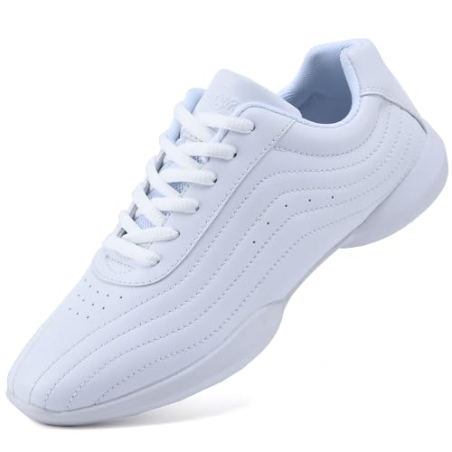 WUIWUIYU Youth Girls Cheer Shoes White Leather Cheerleading Dance Shoes Athletic Training Tennis Walking Competition Sneakers