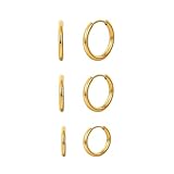 Bellitia Jewelry 3 Pares Pendientes Mujer Acero Inoxidable para Pendientes Aro Huggie Pendientes Cartílago Oro 18 Quilates Hipoalergénicos Piercings Oreja