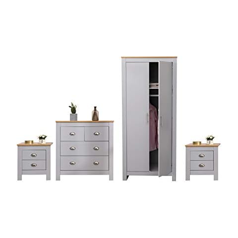 DONEWELL Bedroom 3/4 Piece Sets 2 Door Wradrobe Bedsidetable Drawer Chests,Grey+Oak (4 Piece Sets) Cover