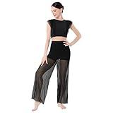 Lyrical Dance Costumes for Women Modern Contemporary Ballet Dancewear Two Piece Outfit Criss Cross Tank Crop Tops Mesh Tulle Wide Leg Bottom Pants Leotards Jazz Modern Dance Solo Set Black M