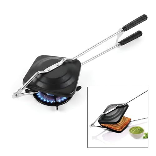 Image of Double Sided Sandwich Grill Pan | Non-Stick Toast Maker Aluminium Stovetop Toaster Gas Stove Flip for Bread Snacks Heat Resistant Handle Black (Pop-up Toaster)