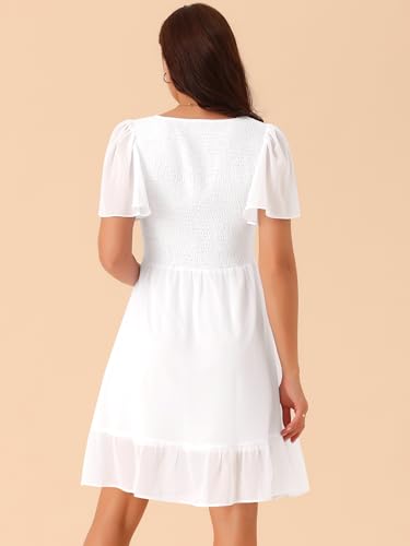 Image of Seta T Women's Summer Chiffon Dresses Smocked V Neck Flutter Short Sleeve Flowy Casual Dress with Pockets