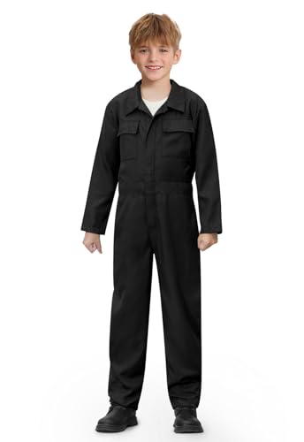 BesserBay Big Boy Summer Soft Solid Coveralls Zipper Uniform Casual Long Sleeve Jumpsuit Black 16 Years