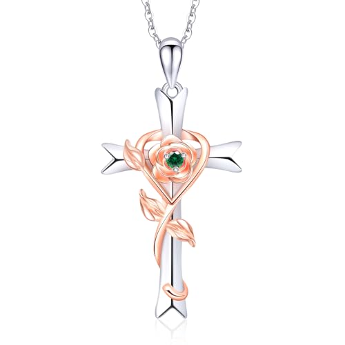 RIVIKO 925 Sterling Silver Cross Birthstone Necklace for Women Cross Rose Pendant Necklaces Trendy Christmas Valentine's Day Anniversary Jewelry Gift for Women Her Wife Girlfriends