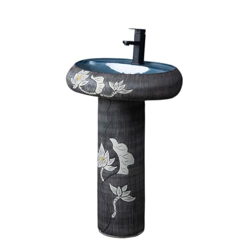 Lavabos De Pedestal Lavabo de pedestal integrado de cerámica Lavabo de loto tallado a mano for el hogar Lavabo de exterior Lavabo de suelo retro Lavabos De Pedestal Para Baño