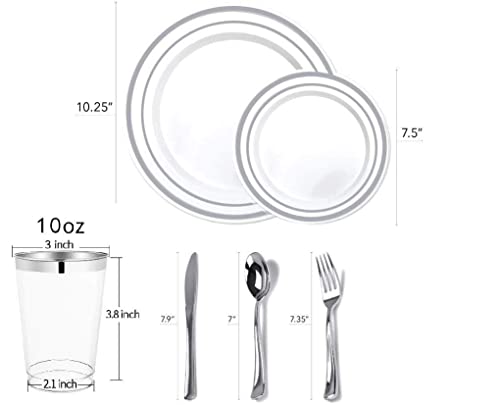 700 Piece Silver Dinnerware Set - 200 Silver Rim Plastic Plates - 300 Silver Plastic Silverware - 100 Silver Plastic Cups - 100 Linen Like Silver Napkins, 100 Guest Disposable Silver Dinnerware Set #TOP1