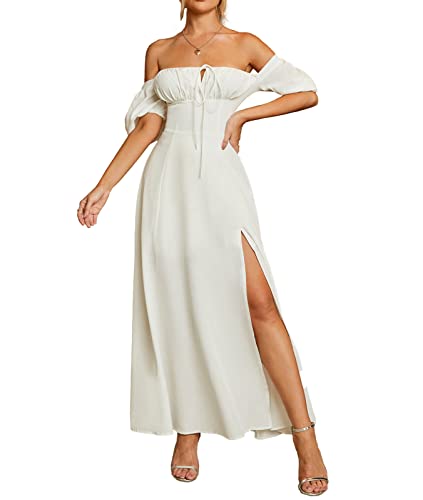 Kutumai Women'S Summer Off Shoulder Maxi Dress Puff Sleeve A Line Flowy Ruffle Swing Split Long Dresses White Xl thumb #1