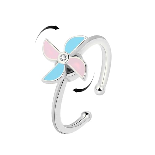 Cute Windmill Rotating Open Rings sterling Silver Plated Spinner Lovely Blue Pink Adjustable Fidget Ring Delicate Stacking Wedding Band Crystal Finger Birthday Jewelry Gifts for Women Niece Daughter
