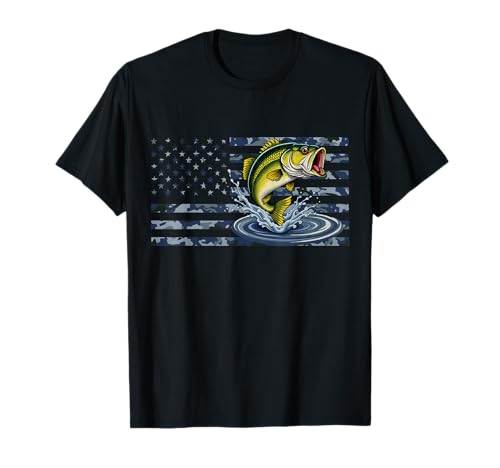 Pesca Retro Bandera Americana de Estados Unidos Bass Fish Fisherman Camo Bass Camiseta