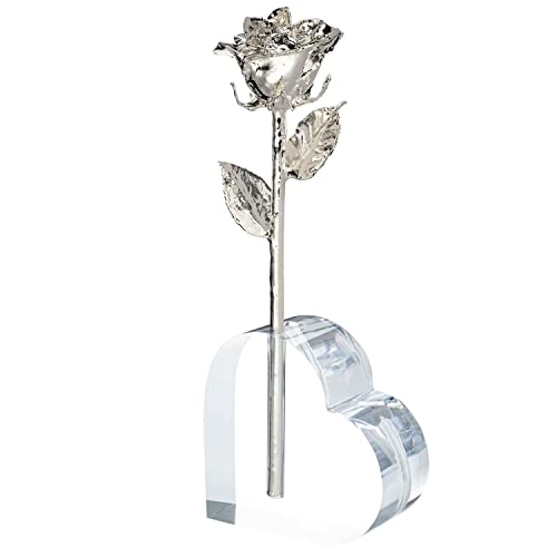 Forever Rose Acrylic Heart Vase Combo - Timeless, One of a Kind, Real Silver Dipped Rose, Romantic Acrylic Heart-Shaped Vase Included