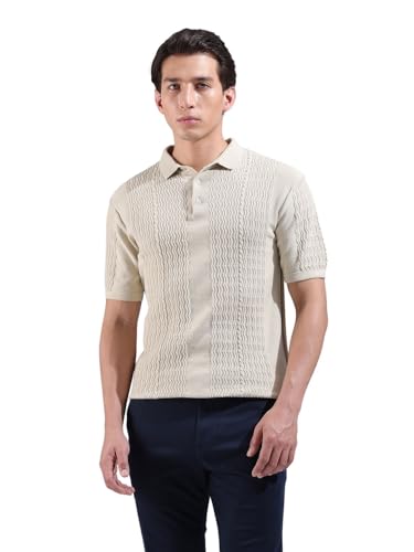 Polo pour homme ajusté en tricot plat crème aspect texturé à manches mi-longues