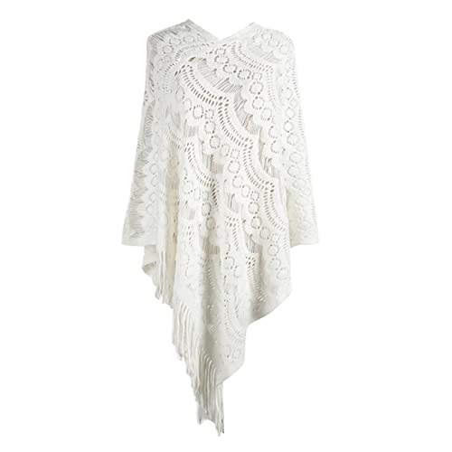Nidddiv Bufanda suéter mujer de longitud media ganchillo hueco irregular borla suéter suéter capa bufanda suéter de punto bufanda bufanda con broche, Blanco, Talla única