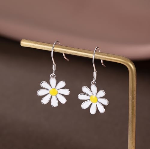 SLUYNZ 925 Sterling Silver White Flower Dangle Earrings for Women Teen Girls Daisy Flower Drop Earrings Summer Spring4