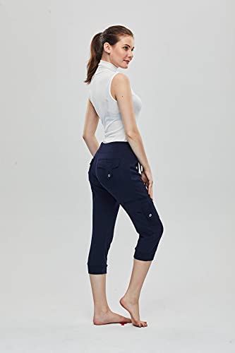 HSRKB Women's Yoga Capris Workout Pants Athletic Cropped Pants with 3 Pockets Navy Blue