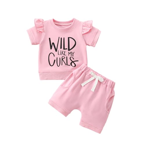Douhoow Baby Girl Short Sets Wild Girl Letters T-shirt with Shorts Baby Girl Summer Clothes Toddler Girl Outfits (Pink, 6-12 Months)