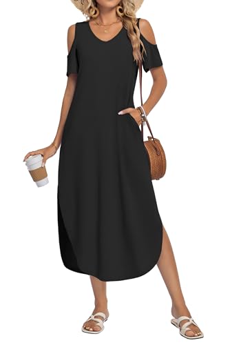 AUSELILY Summer Cold Shoulder Maxi Dresses for Women 2026 V Neck Short Sleeve Casual Long Beach Dresses with Split Side Pockets Black Large