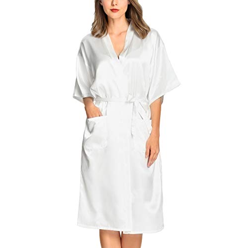Anzermix Damen Kimono, extra weich, Satin, lang, mit Taschen -  Weiß -  Small