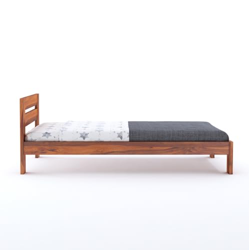 Image of BM WOOD FURNITURE Wooden Single Size Bed Without Storage | Single Cot with Upholstered Cushion Headboard for Hotel & Guest Room | Solid Wood Sheesham, Honey Finish
