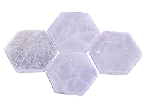 AMOYSTONE 4Pcs Small Hexagon Moroccan Selenite Coasters & Reiki Charging Station Flat Crystal Plate Tray for Chakra Balance, Crystal Healing