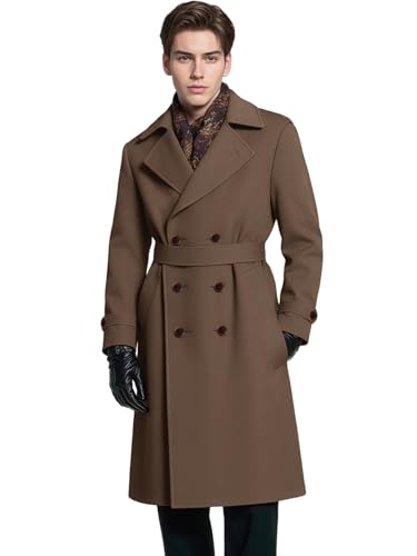 Men's Trench Coat Mid Length Double Breasted Long Jacket Formal Casual Peacoat Warm Peacoat Overcoat