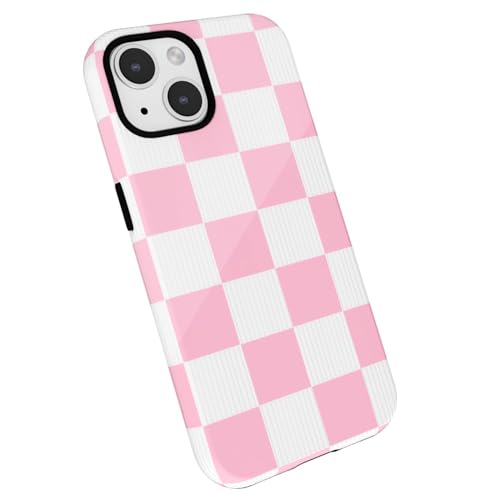 LoeoeL Checkered Phone Case for iPhone 14 Plus/ 15 Plus Case Hard Shell, Girly Cute Aesthetic Plaid Checkers Print Cover for Women, Thin Slim Trendy Checkerboard Design Glossy Plastic, Light Pink