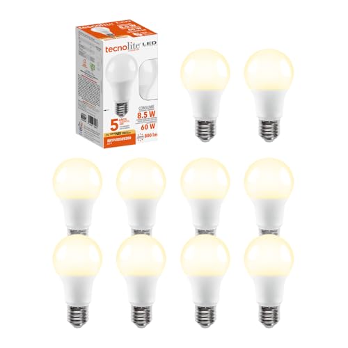 Listado de Focoled comprados en linea. 46 Tecnolite - Paquete de 10 Focos A19 LED 8.5 W 127 V, Luz Cálida Brillante, Base E27, No atenuables, Foco Ahorrador
