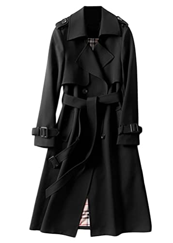 shownicer Damen Trenchcoat Elegant Mode Jacke Cardigan Zweireiher Langer Mantel Winddichter Wintermantel Windjacke Übergangsmantel mit Taschen Einfarbig Revers Damenmantel mit Knöpfen A Schwarz XXL