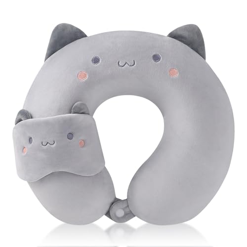 BEKKLPOU Almohada De Viaje 2 En 1 para Niños, Almohada De Viaje En Forma De U La Funda De Almohada Es Extraíble Y Lavable, Adecuada para Adultos Y Niños (Gato Gris)