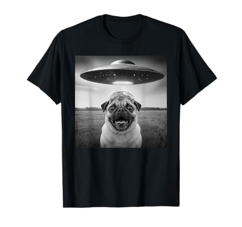 Funny Dog Selfie Shirt Dog Pug con UFO Selfie Alien Weird Camiseta