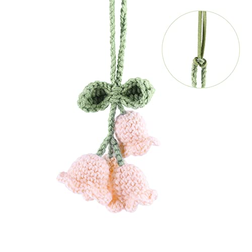 Image of Mirror Hanging Car Accessories Cute Little Lily of the Valley, Hand Knitted Crochet Flower Decor for Mirror, Rear View Mirrors,Key Chains (Pink)