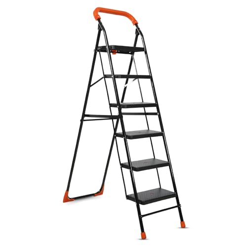 Image of BRANCO Heavy Duty Folding Ladder with Wide Steps | Lifestyle 6 Steps Foldable Ladder | Slip-Resistant | High Strength Long Durable for Home, Kitchen | (Black & Orange)